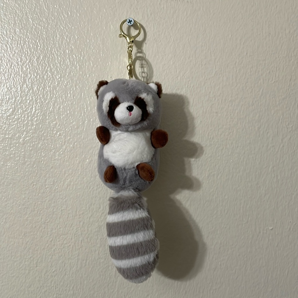 Gray and White Plush Raccoon Keychain - Soft Hanging Pet Accessory
